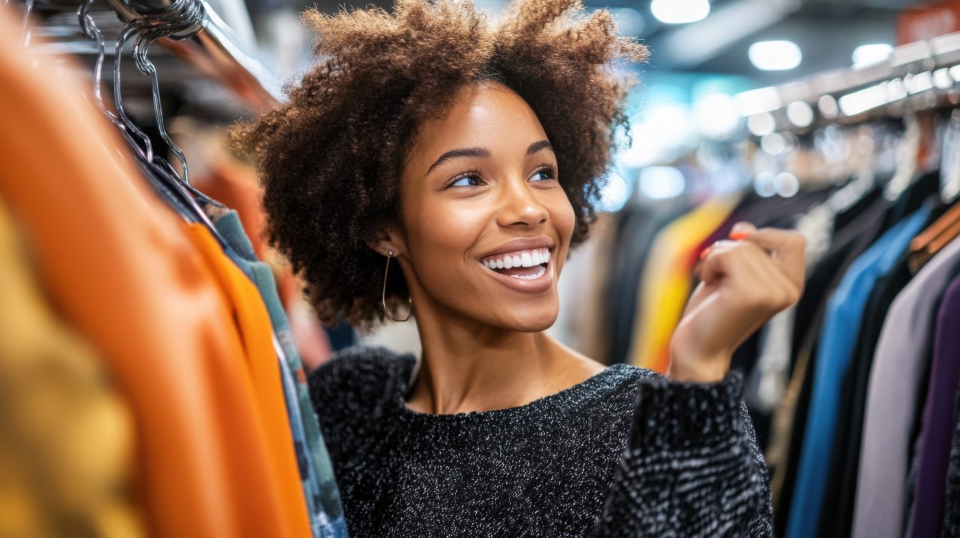 Young woman looking at clothes with smile