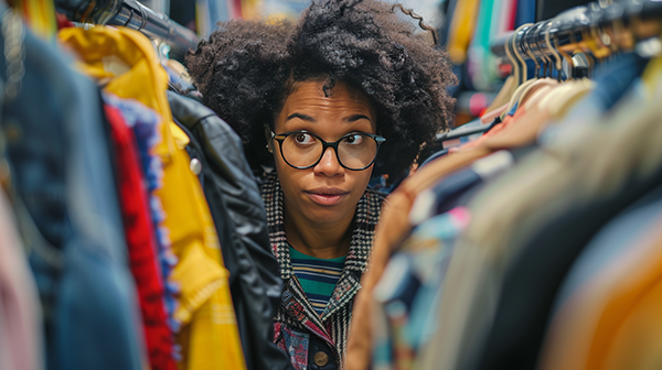 Young woman peeking through racks of clothes