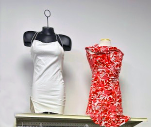 Two short dresses one white one red with white flowers