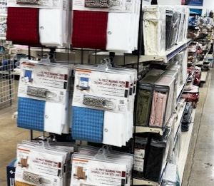 Display of shower curtains in various colors